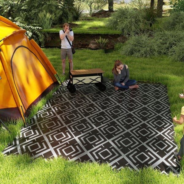 Utomhusmatta - Vändbar Matta 182x274 cm - PVC - Geometriskt Mönster - Modern Stil - Svart