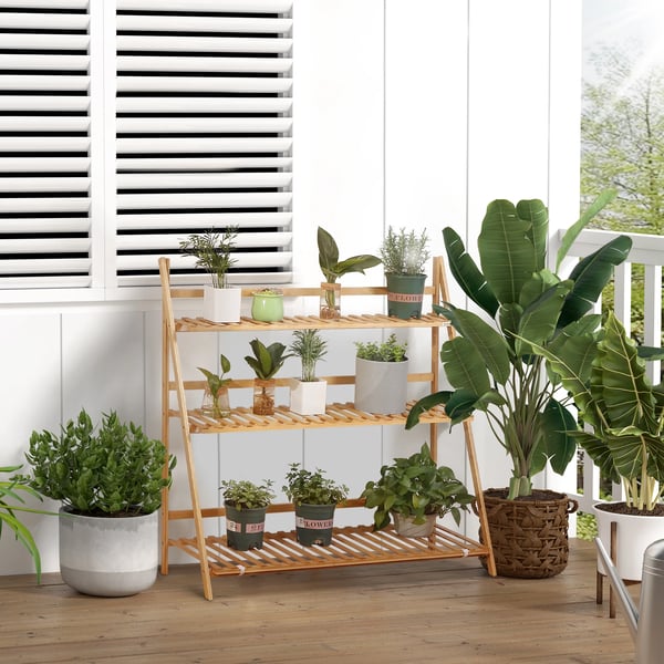 Växtställ och blomhylla i bambu - 3-vånings vikbar hylla - Fristående - 100 x 39 x 97 cm