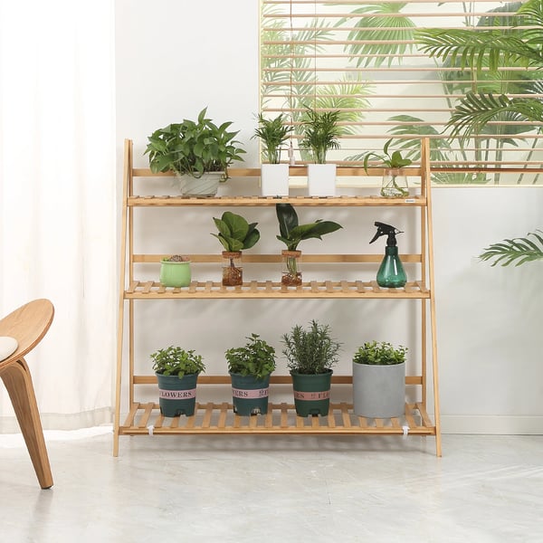 Växtställ och blomhylla i bambu - 3-vånings vikbar hylla - Fristående - 100 x 39 x 97 cm