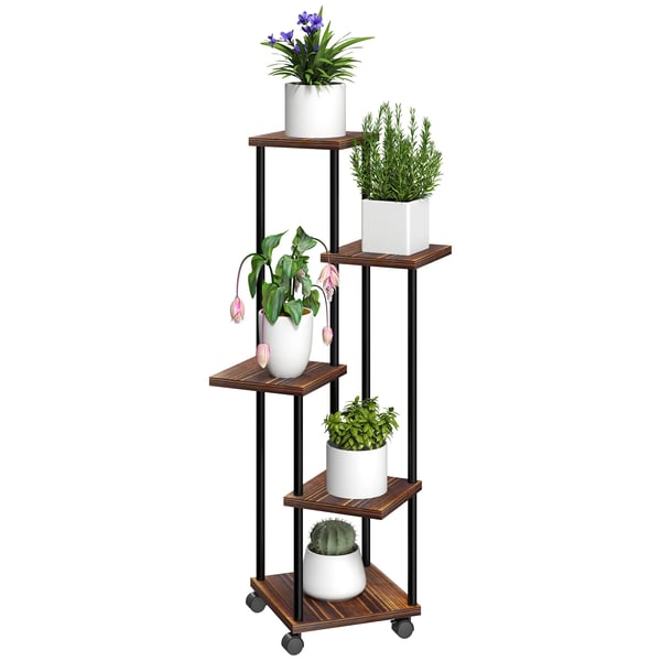 Växtställ i trä - Blomhylla - 5 nivåer - Fristående - 59×59×110 cm - Bränd yta