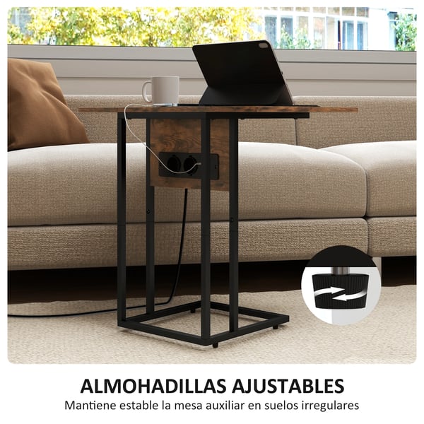 Sidobord för soffa - Avlastningsbord - Fällbar bordsskiva - Laddningsstation - Brun