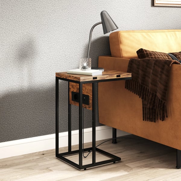 Sidobord för soffa - Avlastningsbord - Fällbar bordsskiva - Laddningsstation - Brun