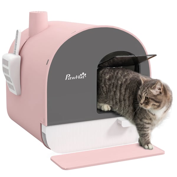 Kattlåda - Täckt katttoalett - Helt sluten - Utdragbar bricka - Inkl. spade & matta - PP-plast - 43×44×47 cm - Rosa
