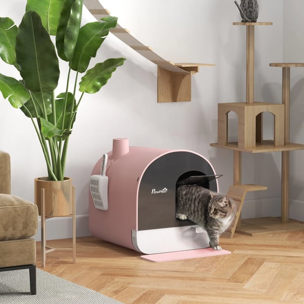 Kattlåda - Täckt katttoalett - Helt sluten - Utdragbar bricka - Inkl. spade & matta - PP-plast - 43×44×47 cm - Rosa