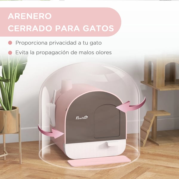 Kattlåda - Täckt katttoalett - Helt sluten - Utdragbar bricka - Inkl. spade & matta - PP-plast - 43×44×47 cm - Rosa