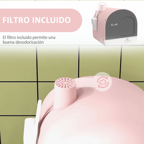 Kattlåda - Täckt katttoalett - Helt sluten - Utdragbar bricka - Inkl. spade & matta - PP-plast - 43×44×47 cm - Rosa