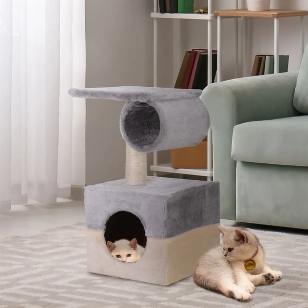 Klösträd för katt - Klösstolpe - 2 Nivåer - Mittpelare - Plyschsäng - 31×31×58 cm - Trä