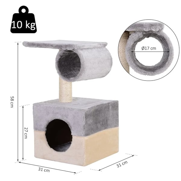 Klösträd för katt - Klösstolpe - 2 Nivåer - Mittpelare - Plyschsäng - 31×31×58 cm - Trä