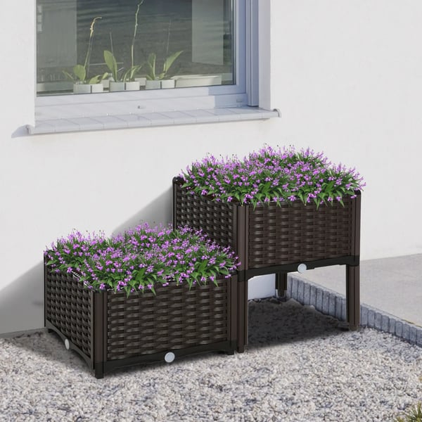 Planteringskrukor - Set med 2 fyrkantiga blomkrukor - Dräneringshål - 40×40×26/44 cm