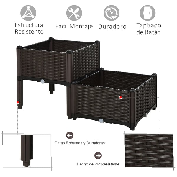 Planteringskrukor - Set med 2 fyrkantiga blomkrukor - Dräneringshål - 40×40×26/44 cm