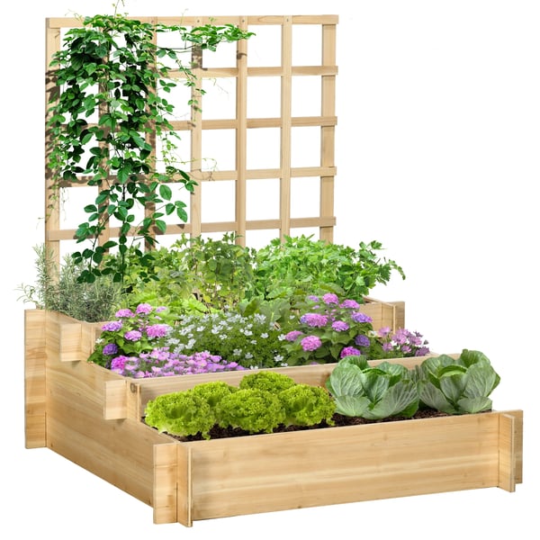 Odlingslåda / Planteringslåda - 3-nivå med spaljé - För grönsaker och örter - 95x95x110 cm - Utomhus