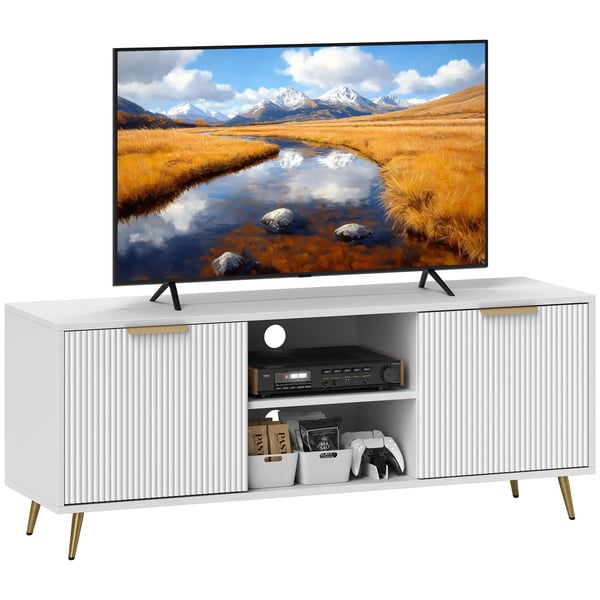 Mediabänk - TV-bänk - Två öppna fack - Mått 120x35x48 cm - Modern stil - För vardagsrum - Vit