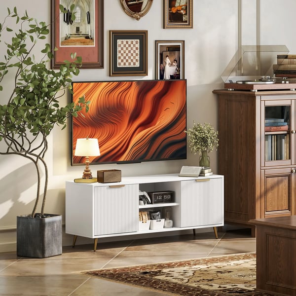 Mediabänk - TV-bänk - Två öppna fack - Mått 120x35x48 cm - Modern stil - För vardagsrum - Vit