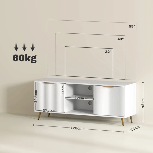 Mediabänk - TV-bänk - Två öppna fack - Mått 120x35x48 cm - Modern stil - För vardagsrum - Vit
