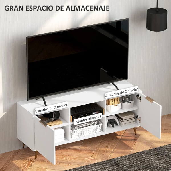 Mediabänk - TV-bänk - Två öppna fack - Mått 120x35x48 cm - Modern stil - För vardagsrum - Vit