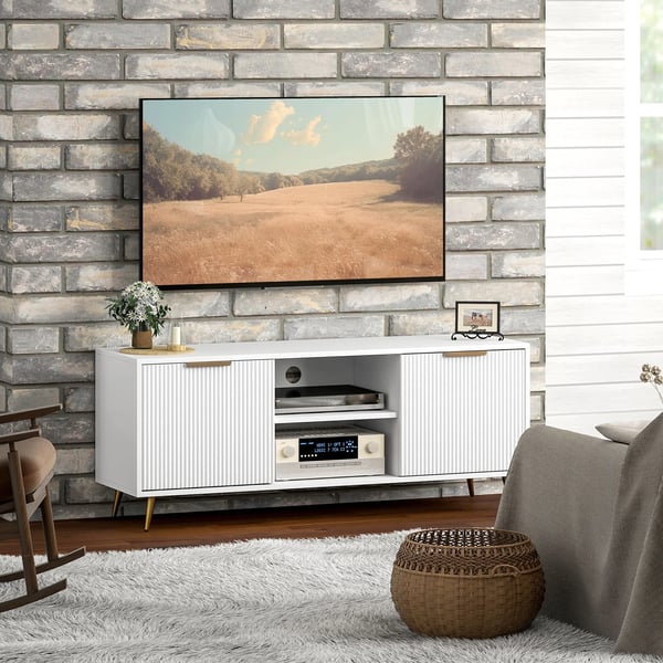 Mediabänk - TV-bänk - Två öppna fack - Mått 120x35x48 cm - Modern stil - För vardagsrum - Vit