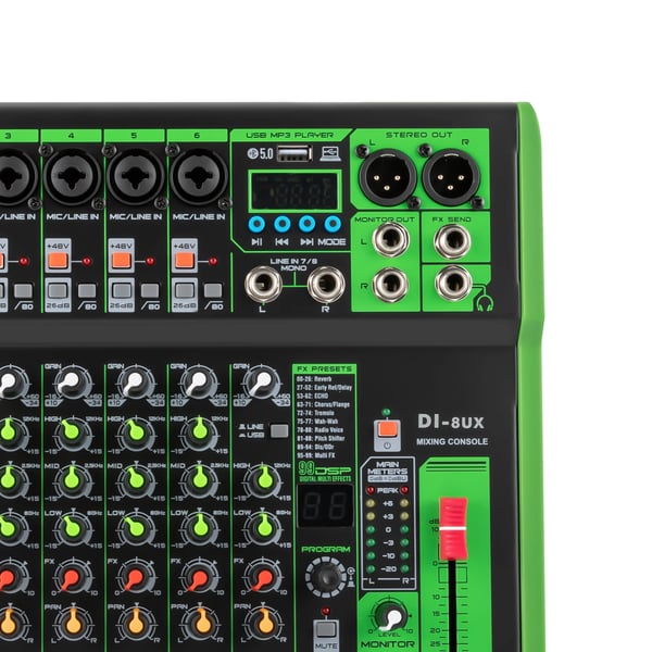 DI-6UX DJ-mikseri, 99 DSP-efektiä, monikaista-EQ, 48V fantomsyöttö, Bluetooth, punainen