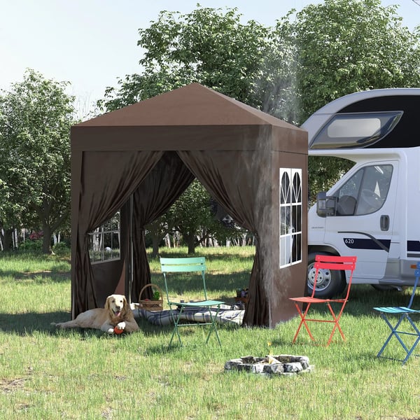 Pop-up paviljong - Fällbart tält - 2 x 2 m - 4 sidoväggar - Polyester - Bärväska - Brun