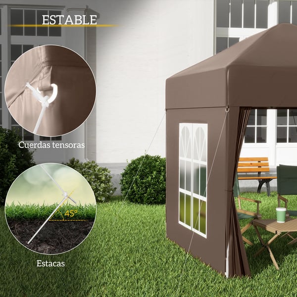 Pop-up paviljong - Fällbart tält - 2 x 2 m - 4 sidoväggar - Polyester - Bärväska - Brun