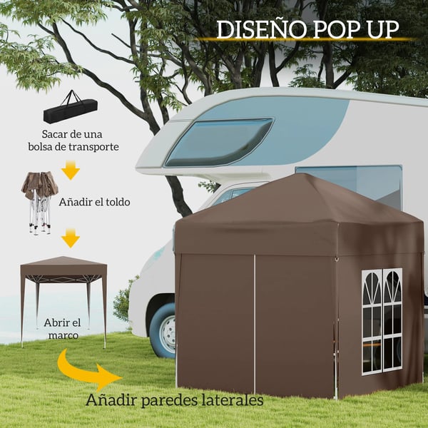 Pop-up paviljong - Fällbart tält - 2 x 2 m - 4 sidoväggar - Polyester - Bärväska - Brun