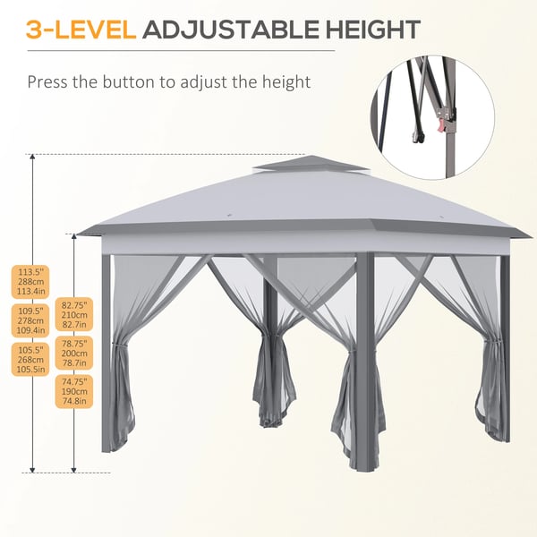 Pop-up paviljong - Fällbart partytält - 3,3 x 3,3 m - Justerbar höjd - Dubbelt tak - UV-skydd - Polyester - Ljusgrå