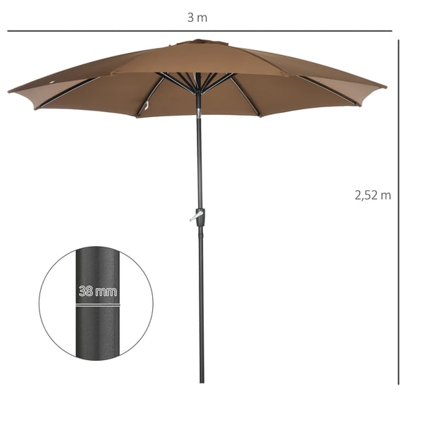 Trädgårdsparasoll - Rund Modell - Ø 300 cm - Höjd 252 cm - Vev - Tiltbar - Montering Krävs - Brun