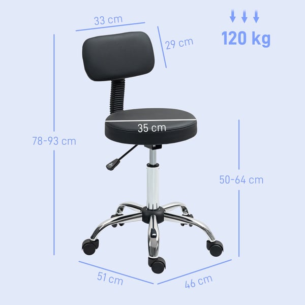 Snurrpall med hjul och ryggstöd - Frisörpall - Höjdjusterbar 78–93 cm - Rotation 360° - Fem hjul - Montering krävs - Svart