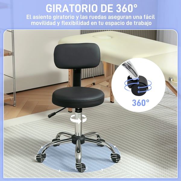 Snurrpall med hjul och ryggstöd - Frisörpall - Höjdjusterbar 78–93 cm - Rotation 360° - Fem hjul - Montering krävs - Svart