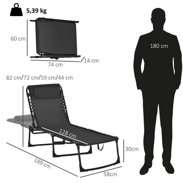 Solsäng - Solstol För Trädgård - Hopfällbar - Justerbar 3 Lägen - Snörsystem - 197x58x76 cm - Svart