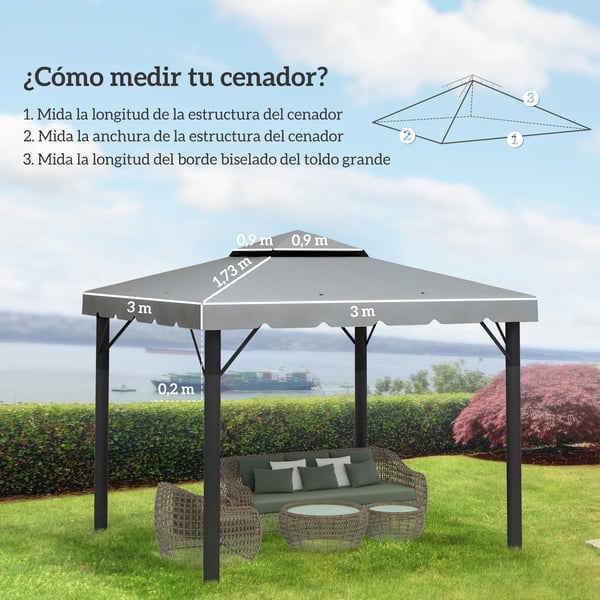 Paviljong reservtak - Gazebo ersättningsduk - 3x3 m - Dubbelventilerat - Oxford-tyg - Ljusgrå