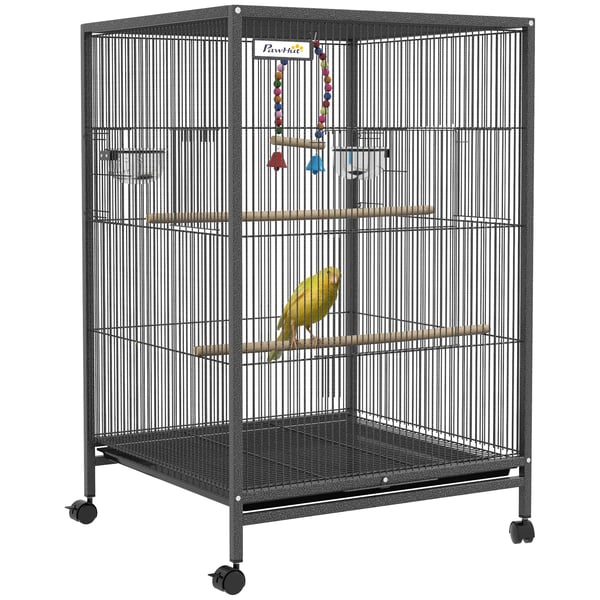 Fågelbur - Med hjul - Rostfritt stål - 48 x 64 x 74 cm - Matare & sittpinnar - Grå