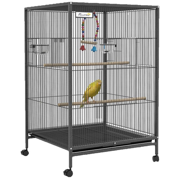 Fågelbur - Med hjul - Rostfritt stål - 48 x 64 x 74 cm - Matare & sittpinnar - Grå