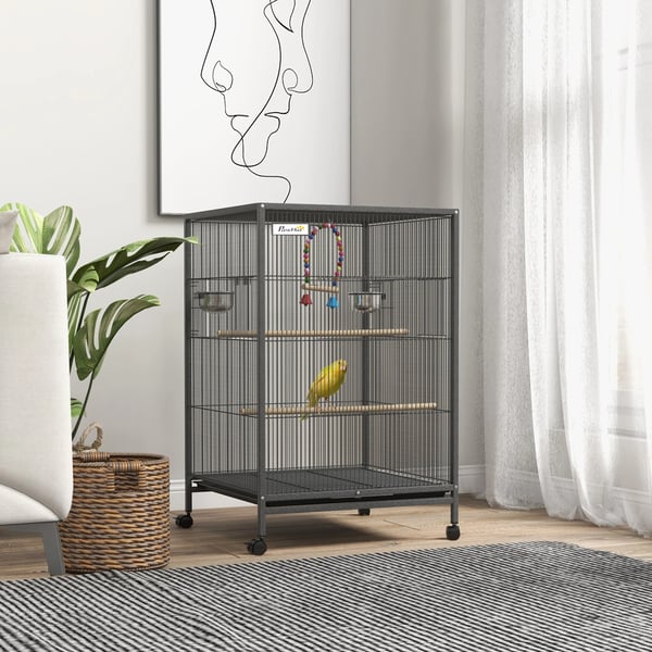 Fågelbur - Med hjul - Rostfritt stål - 48 x 64 x 74 cm - Matare & sittpinnar - Grå