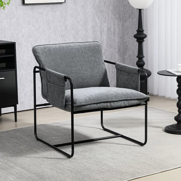 Loungefåtölj - Fåtölj för vardagsrum - Med sidofickor - Maxbelastning 120 kg - Montering krävs - Grå