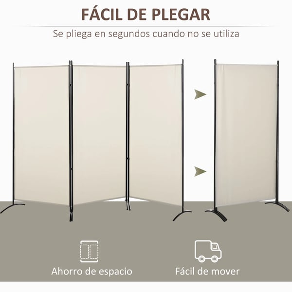 Rumsavdelare - Skärm - 3 Paneler - 253×50×182 cm - 6 Beige Metallfötter