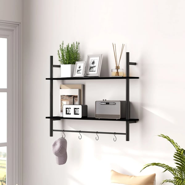 Vägghylla med Krokar - Förvaringshylla - 2 Nivåer - 80×24×65 cm - För Småsaker - Svart