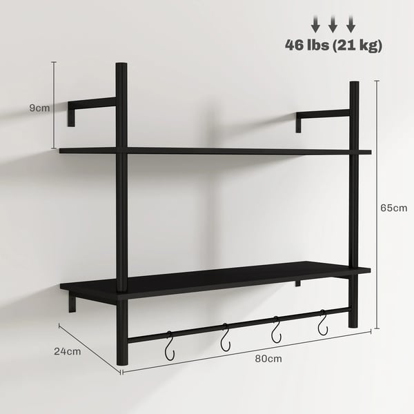 Vägghylla med Krokar - Förvaringshylla - 2 Nivåer - 80×24×65 cm - För Småsaker - Svart