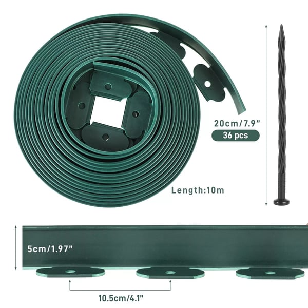 Plænekant / bedkant - Fleksibel kant - Længde 20 m (2x10 m) - Højde 5 cm - PE-plast, Vandtæt - 100 jordankre + 1 par handsker - Lysegrå