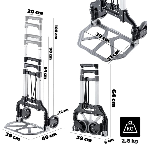Transportvogn - Sammenklappelig sækkevogn i aluminium - 70 kg bæreevne - Let - Robust - Flad foldning