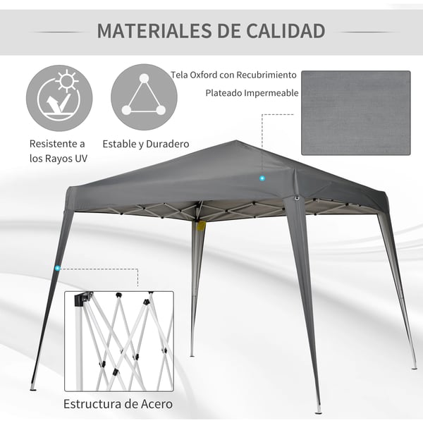 Fällbart tält - Pop-up 2,4 x 2,4 m - Vattentät - Stålram - 600D Oxford, reflekterande mylar - 3–4 pers - 2 rum - Mörkgrå