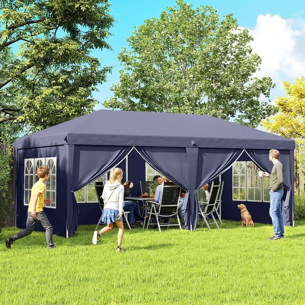 Pop-up paviljong - Fällbart partytält - 6 x 3 x 2,7 m - 4 sidoväggar, 4 fönster - Oxford-duk - Blå