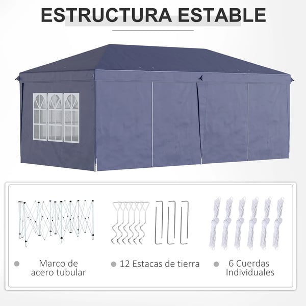 Pop-up paviljong - Fällbart partytält - 6 x 3 x 2,7 m - 4 sidoväggar, 4 fönster - Oxford-duk - Blå