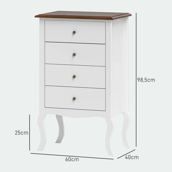 Byrå - Lådbyrå - 4 lådor - Fransk stil - 60 x 40 x 98,5 cm - Sovrumsmöbel - Vit