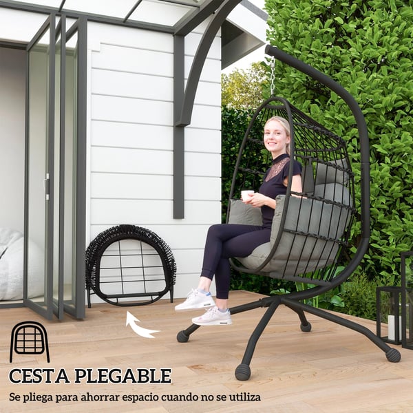 Äggstol - Hängstol med stativ - Korgdesign - Vikbar dyna - Max 120 kg - För utomhusbruk - Montering krävs - Mörkgrå
