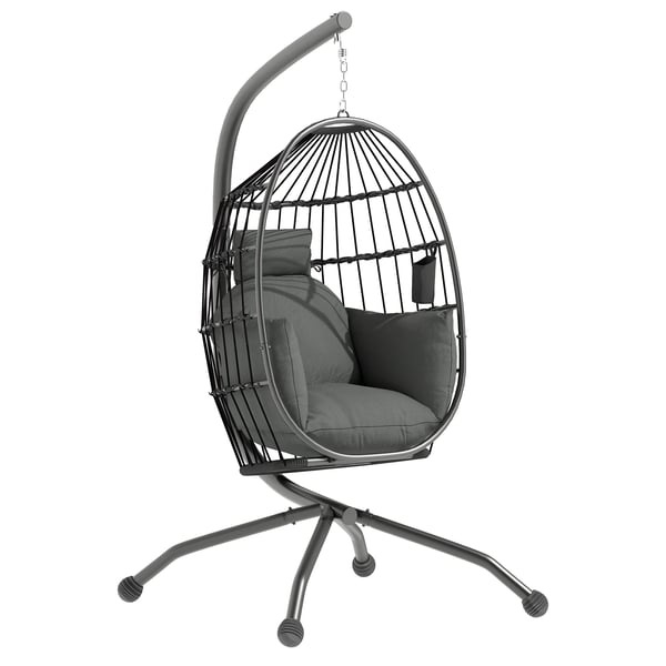 Äggstol - Hängstol med stativ - Korgdesign - Vikbar dyna - Max 120 kg - För utomhusbruk - Montering krävs - Mörkgrå