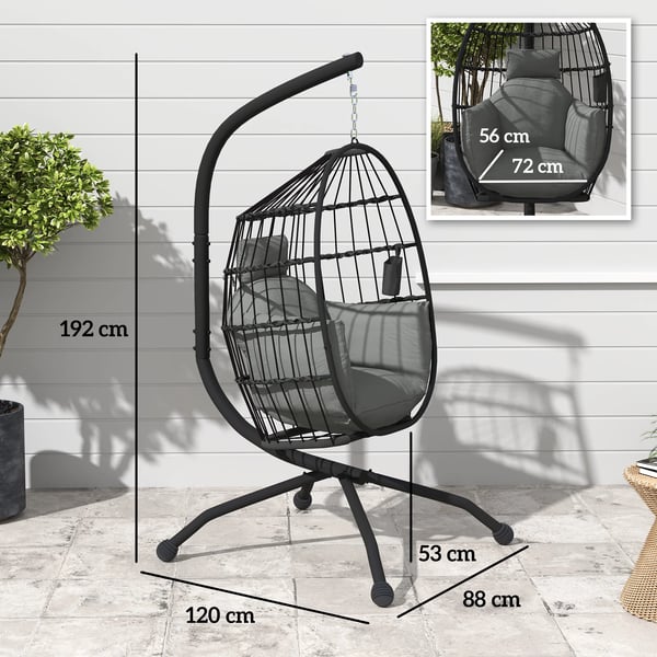 Äggstol - Hängstol med stativ - Korgdesign - Vikbar dyna - Max 120 kg - För utomhusbruk - Montering krävs - Mörkgrå