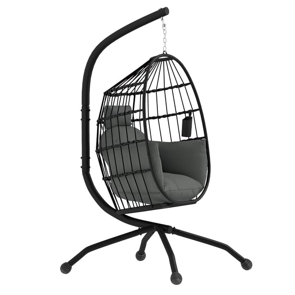 Äggstol - Hängstol med stativ - Korgdesign - Vikbar dyna - Max 120 kg - För utomhusbruk - Montering krävs - Mörkgrå