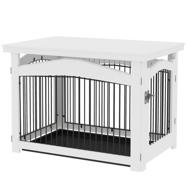 Hundbur/transportbur för medelstora hundar - 3‑i‑1 - Avtagbart topplock - MDF & stål - 82,5×57,5×59,5 cm - Vit