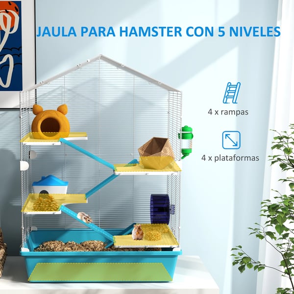 Hamsterbur - 5 Våningar - Med Plattformar - Plast - Mått 58×36×81 cm - Ljusblå