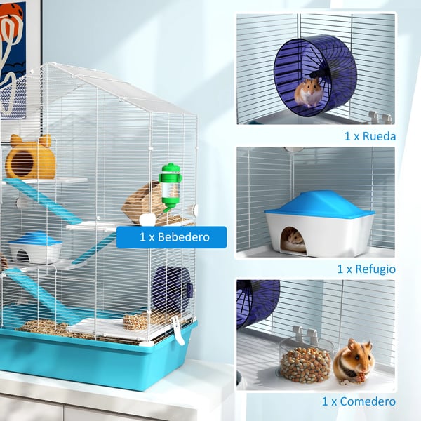 Hamsterbur - 5 Våningar - Med Plattformar - Plast - Mått 58×36×81 cm - Ljusblå